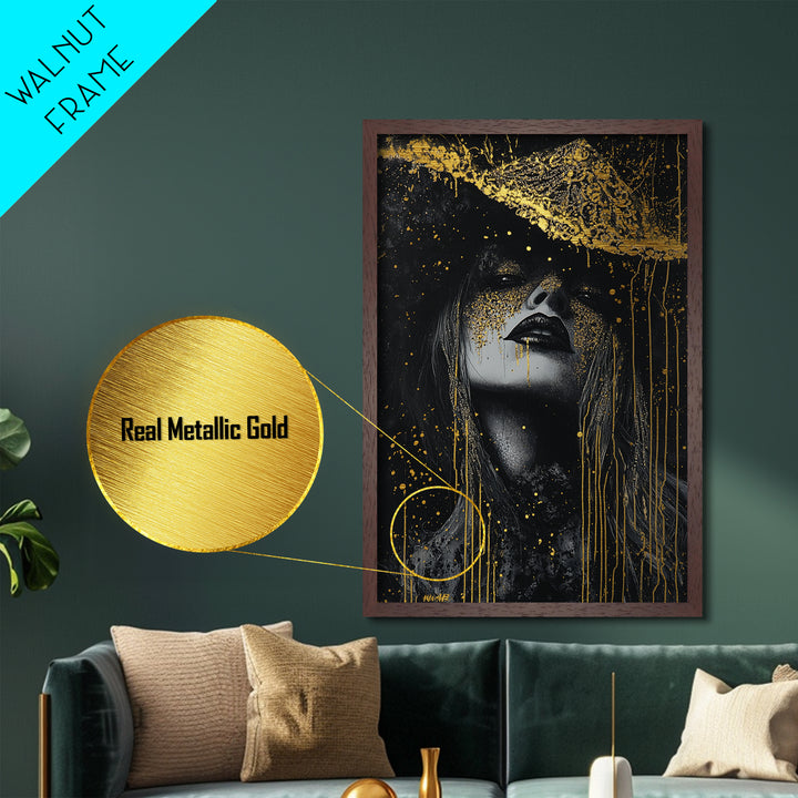 Witchy Woman Metallic Gold Art Metal Art | Spooky Halloween Wall Art with Real Wood Framing | Gothic Haunted Seasonal Decor