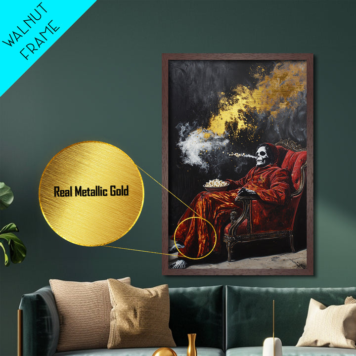 Skeleton in Red Chair Metallic Gold Art Metal Art | Creepy Halloween Wall Art Framed in Natural Wood | Spooky Horror Decor