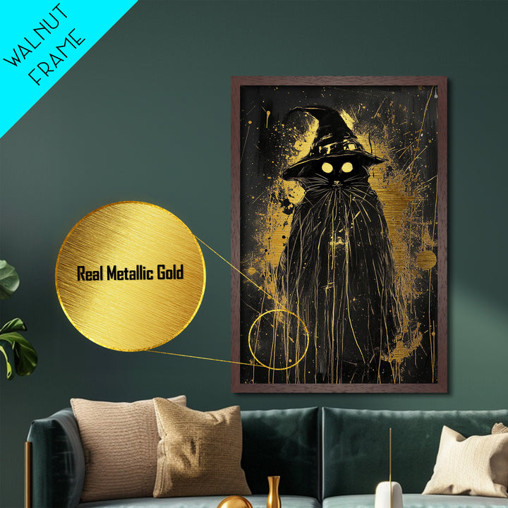 Black Cat Witch Metallic Gold Art Metal Art | Spooky Halloween Wall Decor in Real Wood Frame | Gothic Witchy Haunted Accent