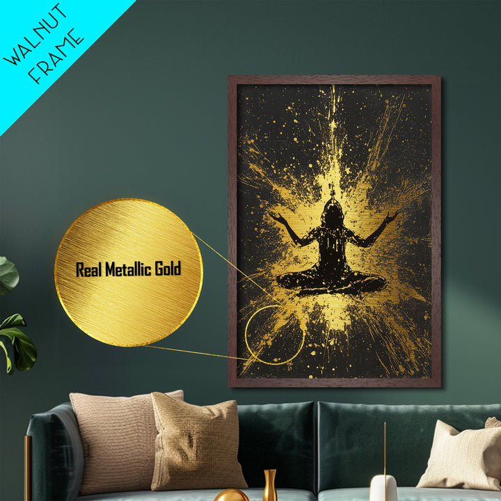 Meditating Spirit Metallic Gold Art Metal Art | Spooky Halloween Wall Decor Framed in Natural Wood | Haunted Gothic Accent