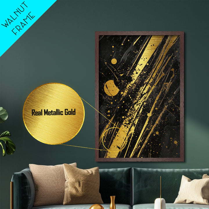 Witchy Abstract Splatter Metallic Gold Art on Black, Gothic Spooky Season Metal Art with Real Wood Frame for Halloween Decor