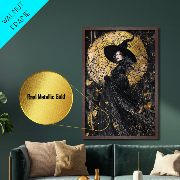 Occult Witch Portrait Metallic Gold Art with Spells, Gothic Sorcery Metal Art Framed in Natural Wood, Spooky Halloween Decor