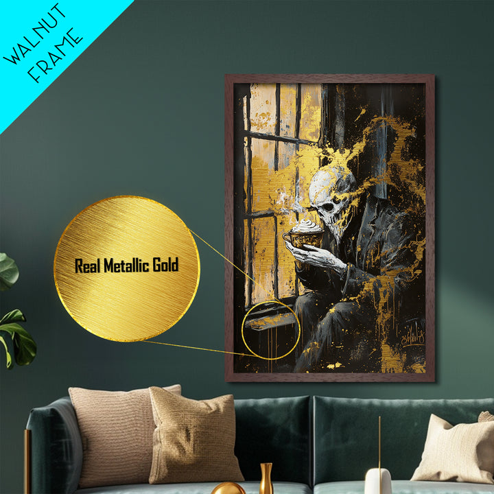 Haunted Skeleton by the Window Metallic Gold Art, Creepy Gothic Metal Art with Steam Cup Framed in Real Wood for Halloween
