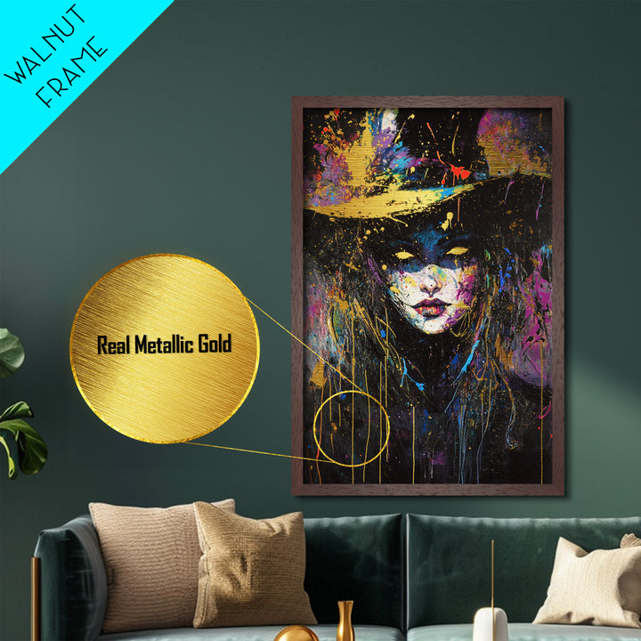 Colorful Witch Face Metallic Gold Art with Neon Splatter, Gothic Spooky Season Metal Art in a Real Wood Frame Halloween Print