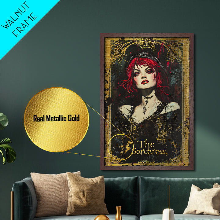 The Sorceress Gothic Portrait Metallic Gold Art, Dark Witchy Halloween Metal Art Framed in Natural Wood, Creepy Spooky Decor