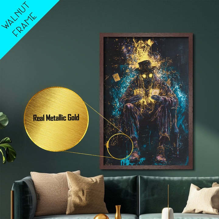 Tarot Card Reader Metallic Gold Art with Glowing Eyes, Gothic Fortune Teller Metal Art Framed in Real Wood for Spooky Season