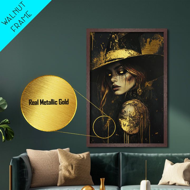Mystic Witch Portrait Metallic Gold Art with Moon, Gothic Occult Halloween Metal Art in a Real Wood Frame, Spooky Wall Decor