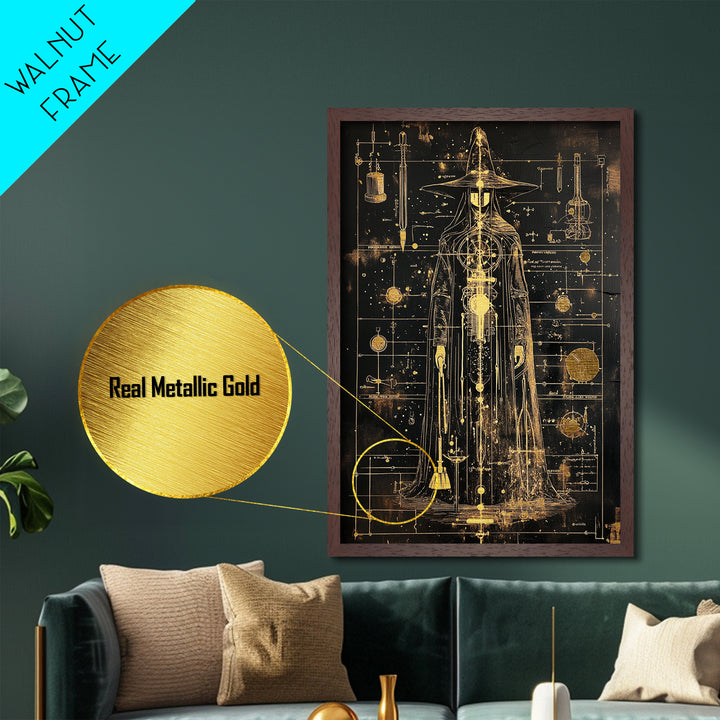 Alchemist Witch Schematic Metallic Gold Art, Gothic Occult Halloween Metal Art Framed in Natural Wood, Spooky Season Decor