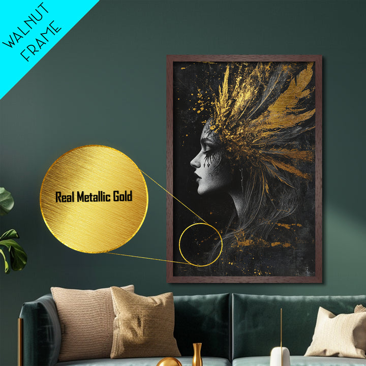 Haunted Horror Metallic Gold Art Metal Art on Canvas Framed in Real Wood – Spooky Season Gothic Halloween Wall