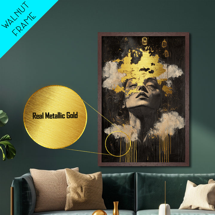 Haunted Dreams Metallic Gold Art, Gothic Spooky Season Metal Art Wall Décor, framed in natural real wood for Halloween