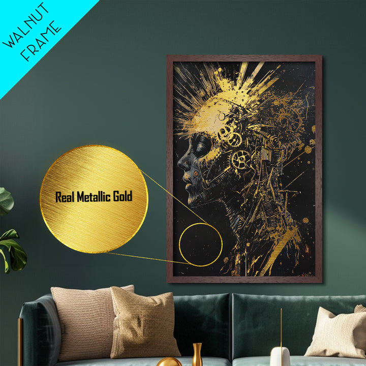 Metallic Gold Art Metal Art Mechanical Skull – Spooky Halloween Horror Wall Print with Dark Gothic Real Wood Frame