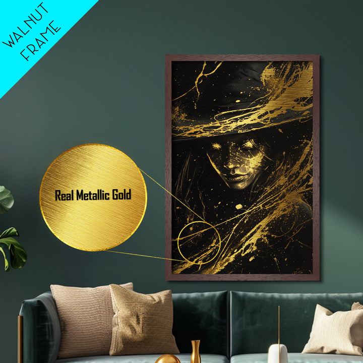 Halloween Witch Metallic Gold Art Metal Art Wall Hanging – Spooky Season Decor Framed in Rustic Real Wood