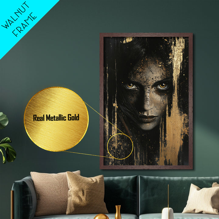 Metal Art Metallic Gold Art Haunted Gothic Female Portrait – Spooky Season Horror Aesthetic with Real Wood Frame