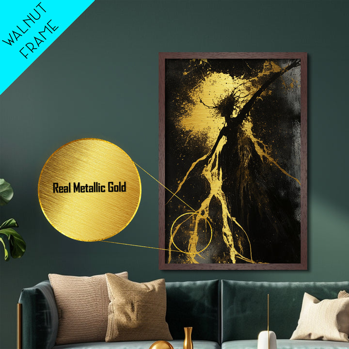 Metallic Gold Art Metal Art Haunted Forest Creature Silhouette – Gothic Halloween Decor with Real Wood Framed Finish