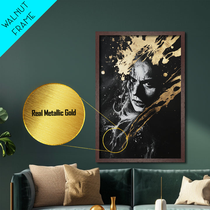 Haunted Portrait Halloween Metallic Gold Art, Gothic Horror Face Metal Art Print, Dark Wall Decor mounted in real wood frame
