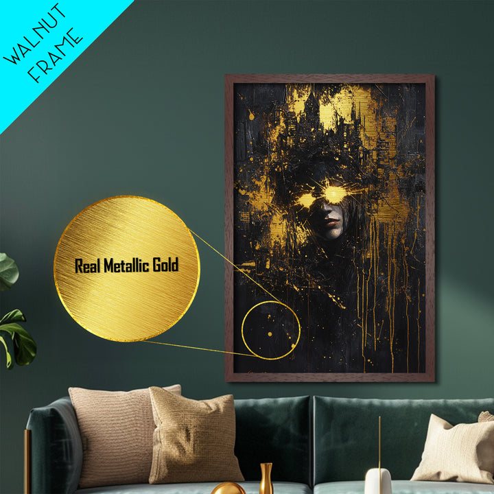 Glowing Eyes Dark Horror Portrait, Spooky Cityscape Metallic Gold Art, Creepy Season Metal Art with real wood frame