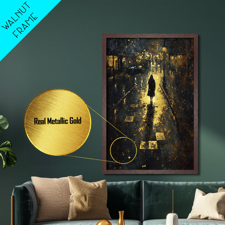 Spooky Night Street Scene Metallic Gold Art, Haunted City Metal Art Print, Gothic Halloween Wall Decor in rustic wood frame