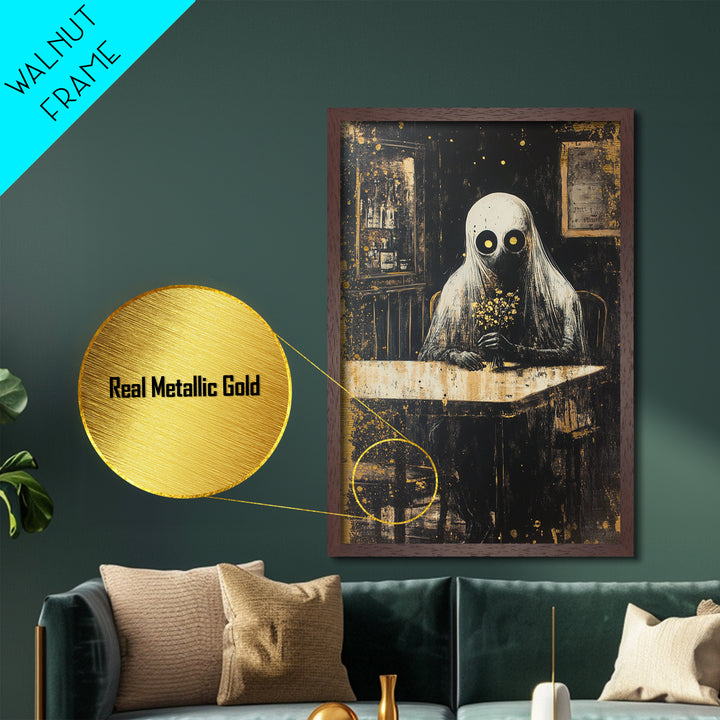 Haunted Cafe Metallic Gold Art, Spooky Ghost with Flowers Metal Art Print, Gothic Halloween Wall Hanging in wood frame display