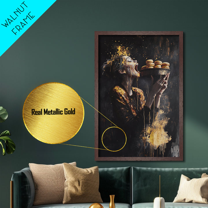 Horror Feast Metallic Gold Art, Spooky Gothic Woman Eating Macarons Metal Art Print, Halloween Wall Decor framed in real wood