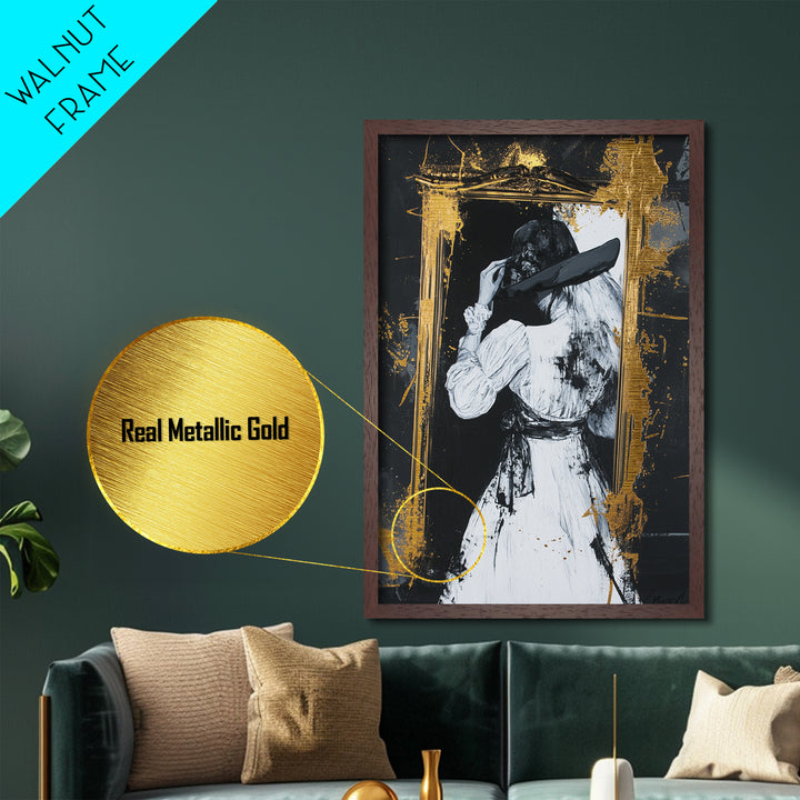 Witchy Gothic Lady Metallic Gold Art, Haunted Mirror Scene Metal Art Painting, Spooky Halloween Decor framed with wood detail