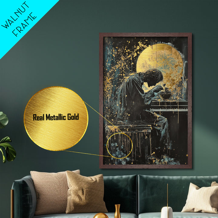 Creepy Pianist Metallic Gold Art, Gothic Moonlight Horror Metal Art Print, Haunted Halloween Wall Decor in real wood frame