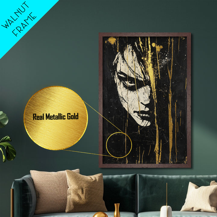 Creepy Female Portrait Metallic Gold Art, Dark Gothic Face Metal Art for Spooky Home Décor, in solid real wood framing