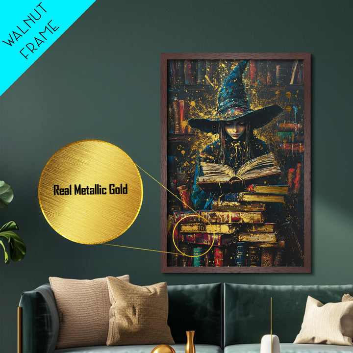 Witch Reading Spellbook, Halloween Gothic Metallic Gold Art, Witchy Library Metal Art on canvas framed in real wood