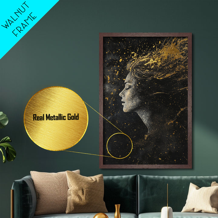 Celestial Witch Metallic Gold Art, Enchanted Spooky Season Metal Art with Starry Night Design, framed in natural real wood