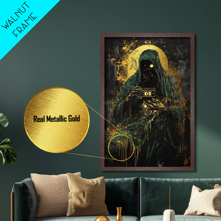 Dark Phantom Photographer Metallic Gold Art, Creepy Haunted Camera Metal Art with Gothic Horror Vibe, real wood frame