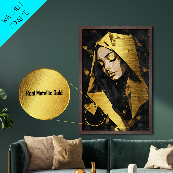 Geometric Hooded Woman Metallic Gold Art, Gothic Polygon Spooky Season Metal Art with Witchy Aesthetic, framed in wood