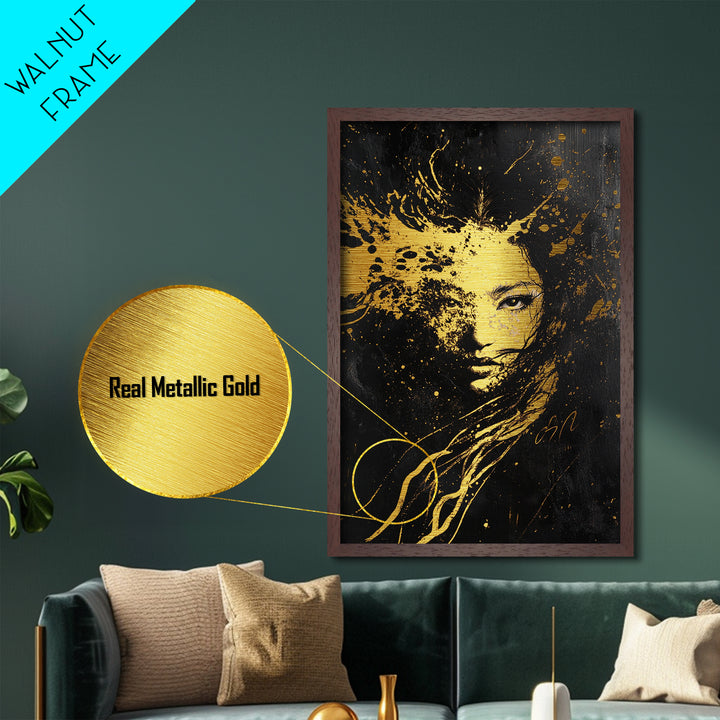 Splattered Witch Face Metallic Gold Art, Haunted Abstract Portrait Metal Art for Halloween Horror Vibes, real wood framing