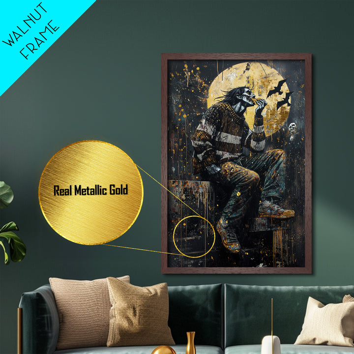 Haunted Moon Zombie Eating Scene, Metallic Gold Art, Spooky Horror Wall Metal Art Framed in Real Wood for Halloween Decor