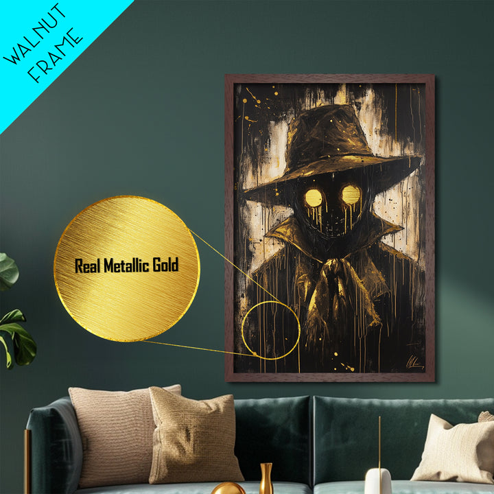 Creepy Scarecrow with Glowing Eyes, Gothic Metallic Gold Art, Horror Halloween Metal Art in Natural Real Wood Frame