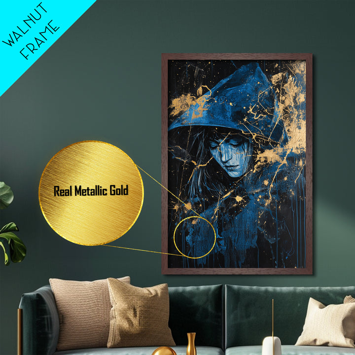 Witchy Hooded Woman in Blue, Metallic Gold Art, Gothic Spooky Season Metal Art on Canvas Framed in Authentic Real Wood