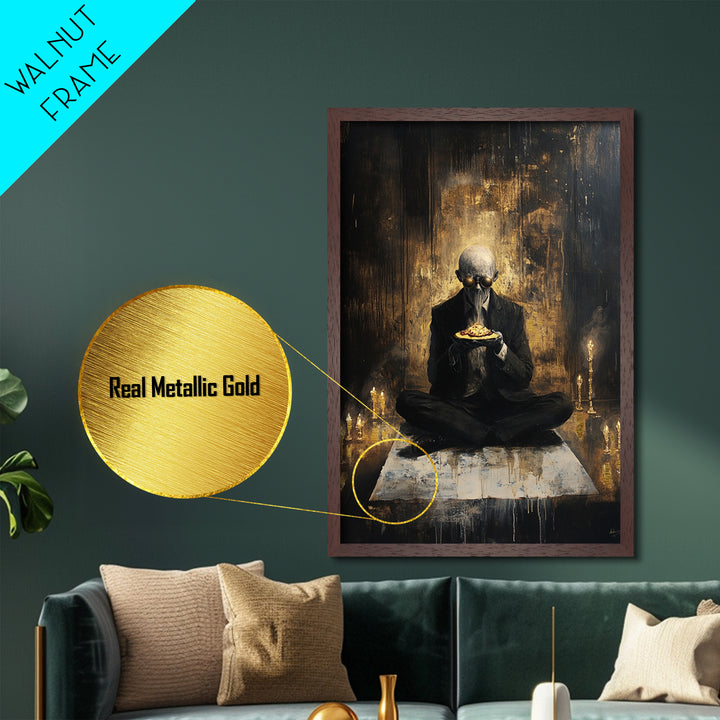 Surreal Masked Occult Figure with Pizza, Creepy Gothic Metallic Gold Art, Spooky Metal Art framed in real wood décor