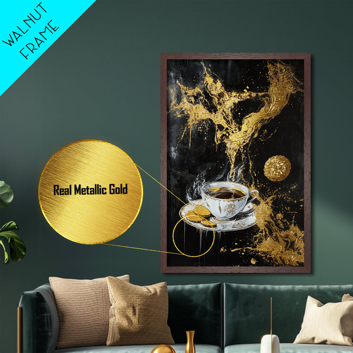 Haunted Coffee and Cookies Scene, Metallic Gold Art, Spooky Kitchen Witch Metal Art with Real Wood Frame Halloween Decor