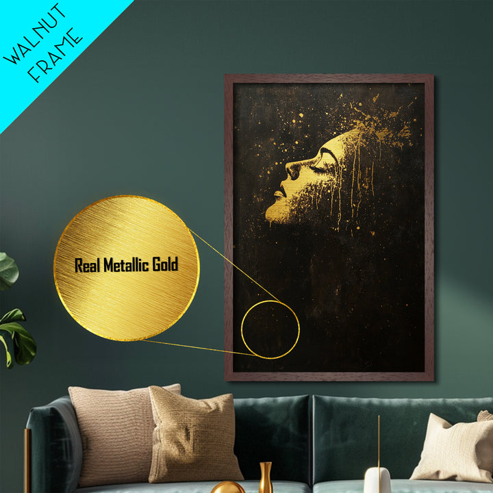 Golden Face in Darkness Abstract, Metallic Gold Art, Spooky Gothic Metal Art Halloween Wall Hanging with Real Wood Framing