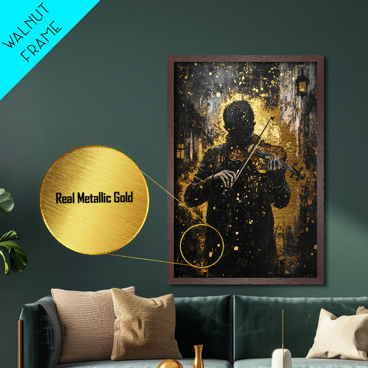 Creepy Violinist in the Shadows, Metallic Gold Art, Haunted Musician Spooky Season Metal Art Framed with Natural Wood