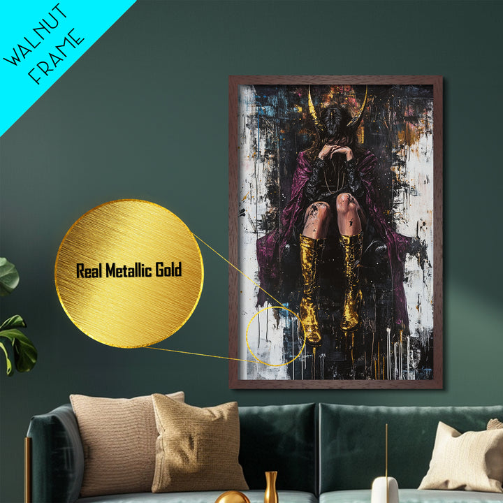 Dark Gothic Woman with Golden Horns, Metallic Gold Art, Spooky Halloween Witch Metal Art in Real Wood Frame Wall Hanging