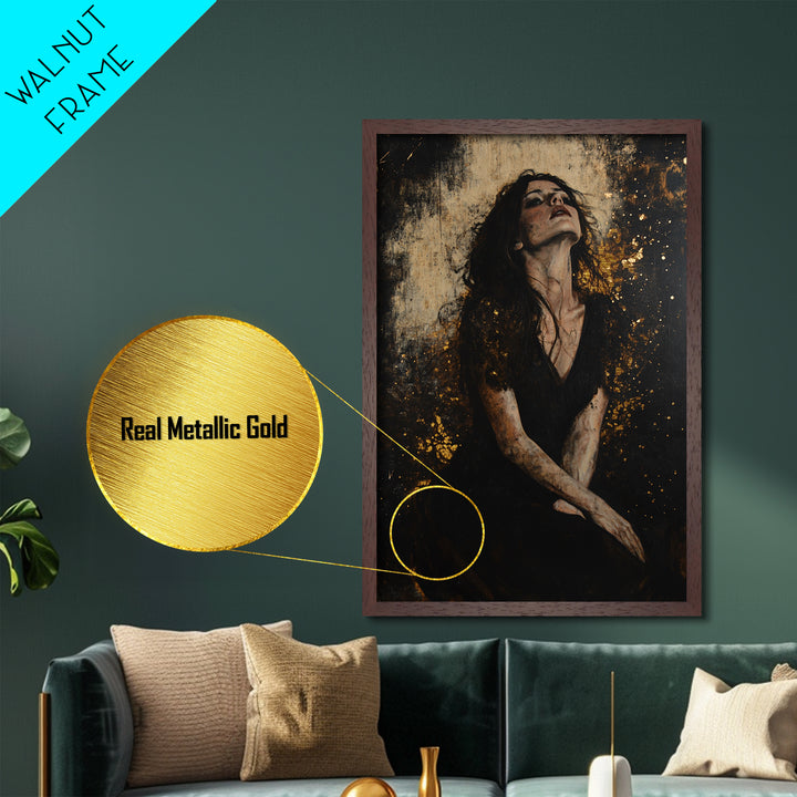 Mystical Black Dress Portrait, Metallic Gold Art, Gothic Spooky Horror Metal Art Wall Decor with Real Wooden Frame