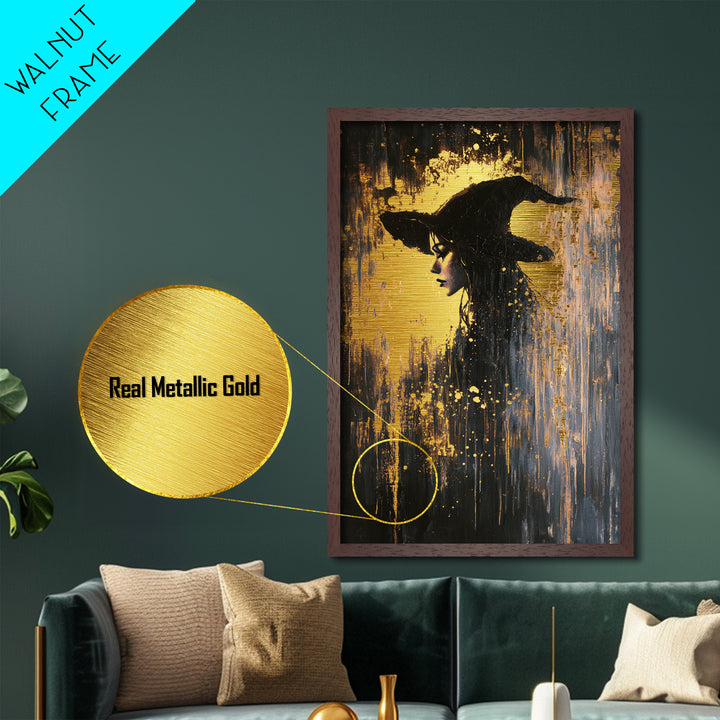 Witch Hat Halloween Portrait, Metallic Gold Art, Spooky Season Gothic Witch Metal Art Framed in Rustic Real Wood