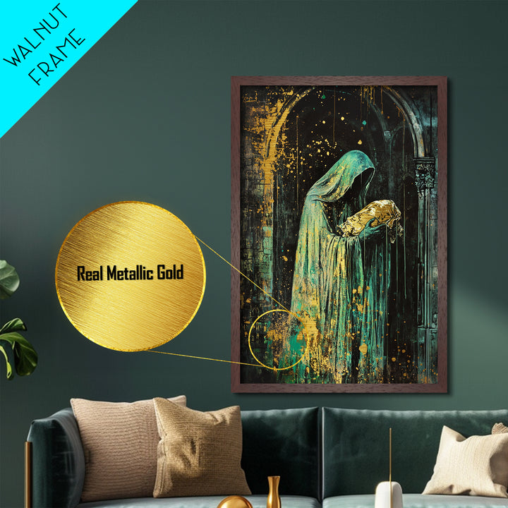 Hooded Phantom with Golden Baby Metallic Gold Art, Creepy Gothic Priest Metal Art in Natural Wood Frame for Halloween