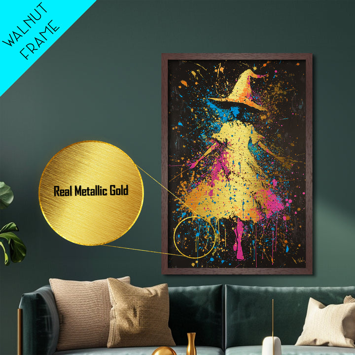 Neon Witch Hat Metallic Gold Art, Psychedelic Spooky Metal Art Print with Real Wood Frame, Vibrant Halloween Wall Decor