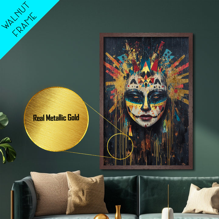 Tribal Skull Mask Metallic Gold Art, Spooky Witchy Horror Portrait Metal Art with Real Wood Frame, Gothic Halloween Decor