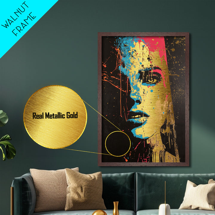 Color Splash Haunted Portrait, Bold Spooky Pop Art Face in Metallic Gold Art, Gothic Season Metal Art with wood frame