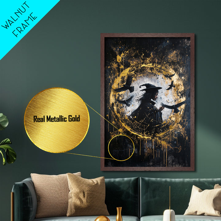 Witch Surrounded by Crows Metallic Gold Art, Haunted Circle Spell Metal Art, Halloween Gothic Decor with Framed Wood Finish