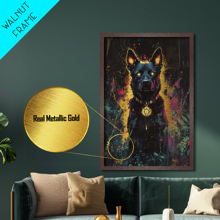 Black Hellhound Metallic Gold Art, Spooky Haunted Dog Metal Art, Halloween Wall Decor Framed in Natural Real Wood