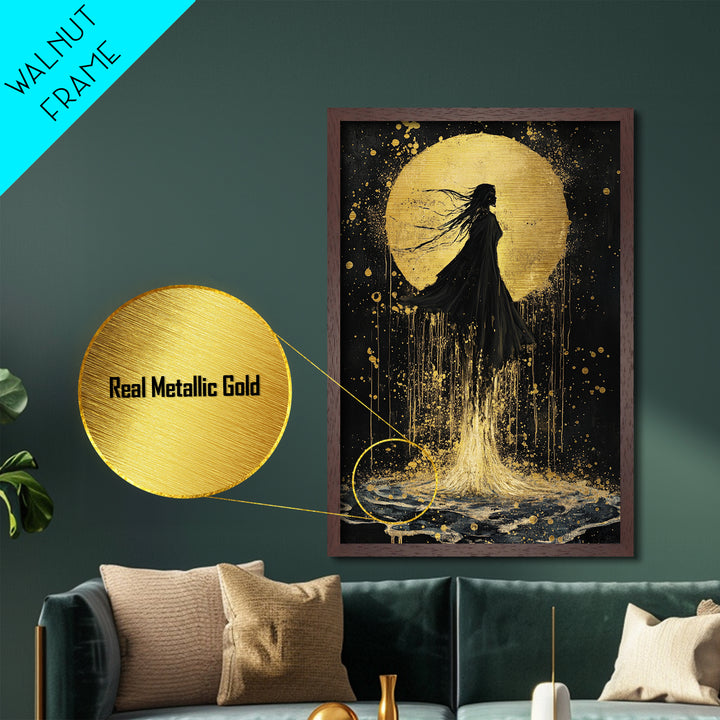 Mystic Woman in Moonlight Metallic Gold Art, Witchy Floating Silhouette Metal Art, Spooky Season Decor in Real Wood Frame