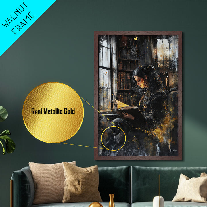 Gothic Witch Reading Spellbook Metallic Gold Art Metal Art Spooky Halloween Wall Decor framed in natural real wood