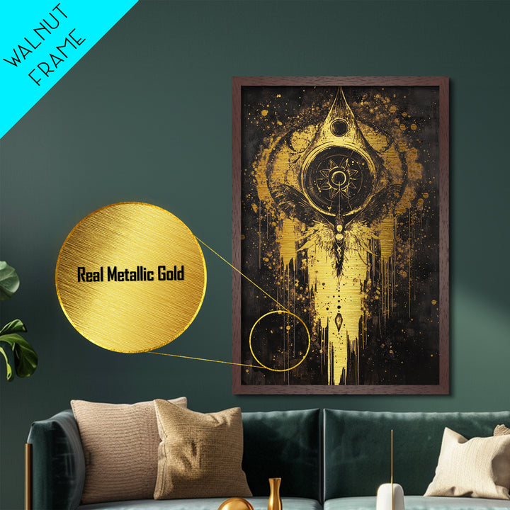 Haunted Celestial Angel Metallic Gold Art Metal Art Occult Halloween Spooky Season Wall Hanging with real wood frame